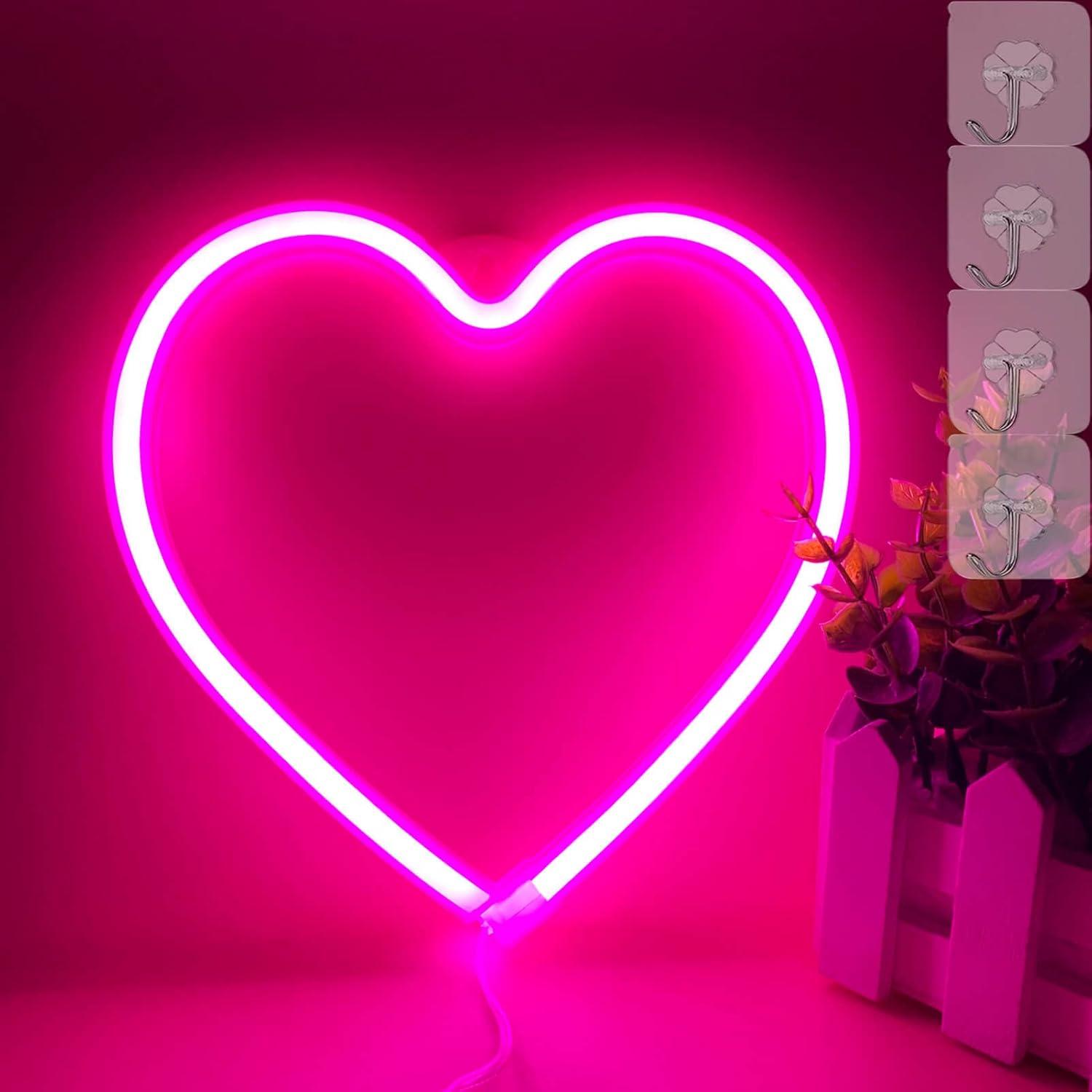 Heart Neon Sign Neon Heart Lights Pink Heart Led Light, Led Heart Lamp Heart Decorations for Home, Hanging Heart Gifts Heart Wall Decor Usb/Battery Operated Heart Light for Bedroom Living Room