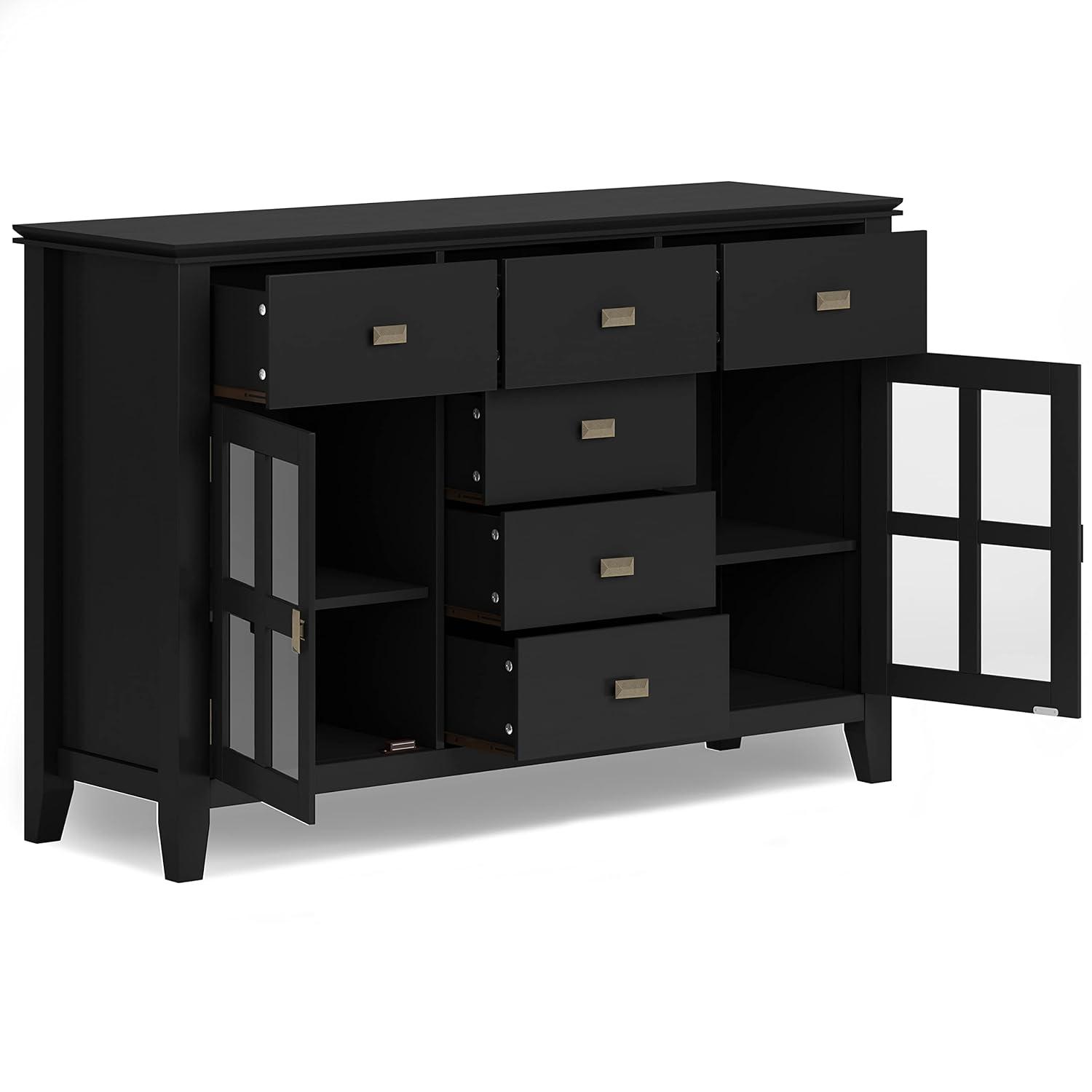 Simpli Home Artisan 54"W Solid Wood Sideboard Buffet with Tempered Glass Doors and 6 Drawers