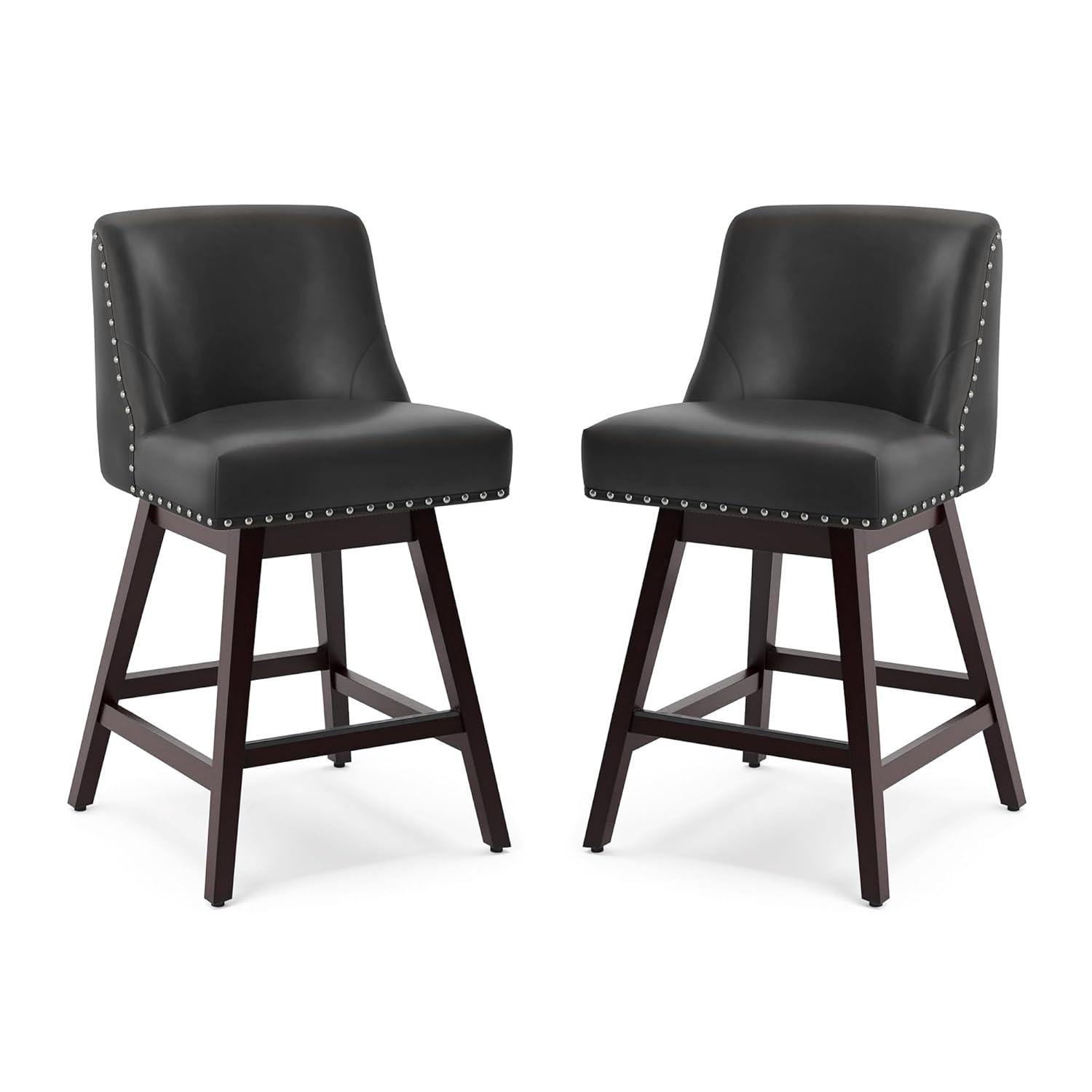 26 Inch Bar Stools Set of 2, Black Swivel Counter Stools with Back, Faux Leather Upholstered Barstools, Solid Wood Legs with Footrest, Modern Bar Stool for Kitchen Island, Dining Room, Pub