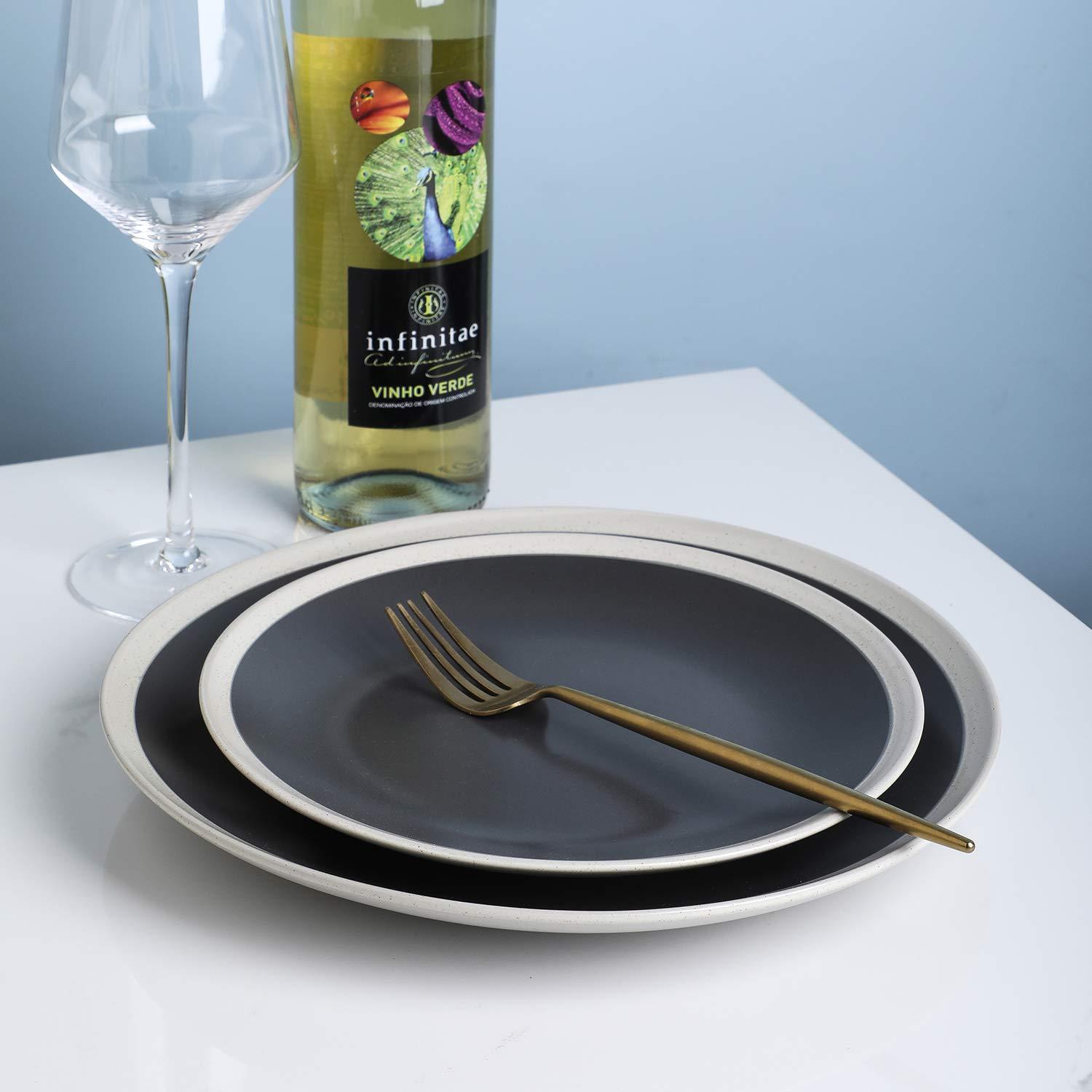 Stone Lain Serenity Stoneware Dish Set, 4 Dinner Plates, Dark Gray and Cream