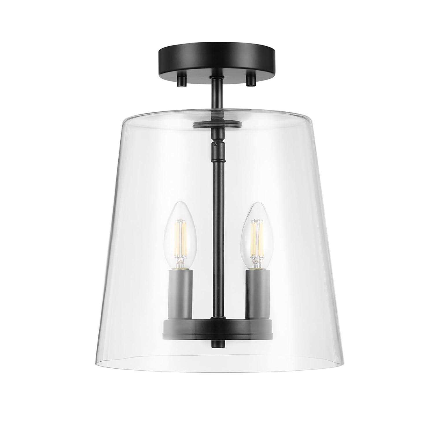 GLOBE Electric 66000083 2-Light Semi-Flush Mount Ceiling Light, Matte Black, Glass Shade, E12 Base Sockets, Ceiling Light Fixture, Home Improvement, Bedroom Lights for Ceiling, Dining Light Fixture