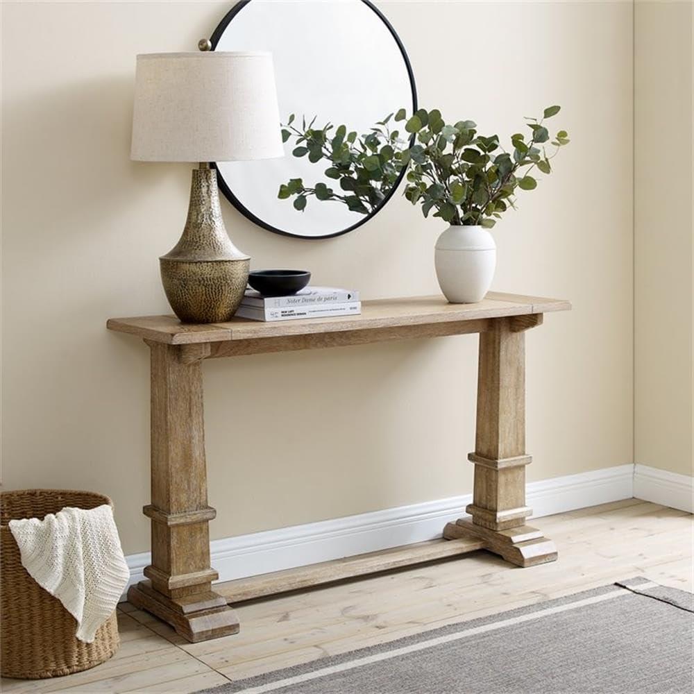 Rustic Brown Farmhouse Wood Console Table with Pedestal Columns