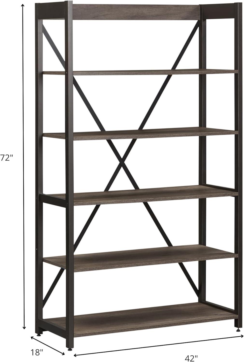 Brown Adjustable Metal Frame 5-Shelf Bookcase