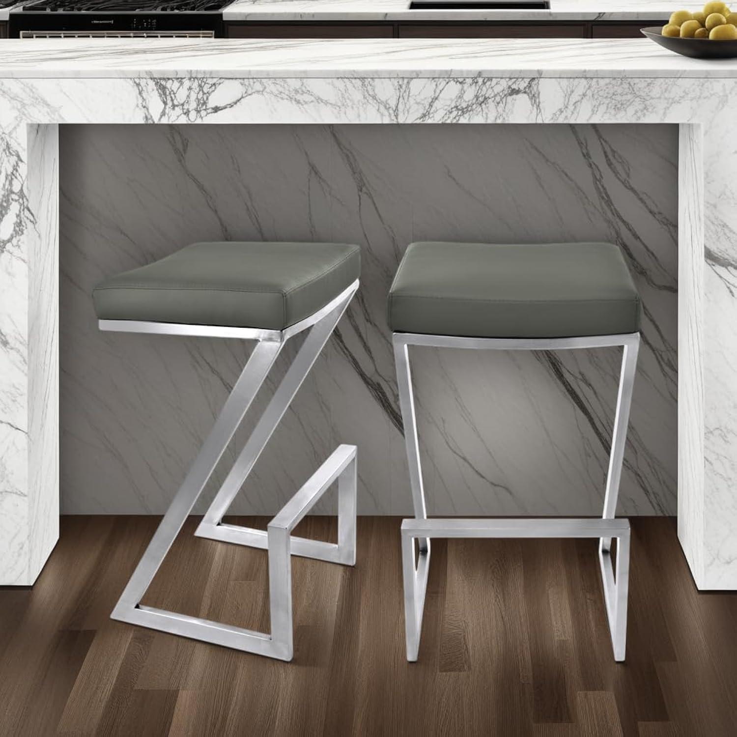 Armen Living Atlantis Backless Barstool, Brushed Stainless Steel Finish with PU Upholstery