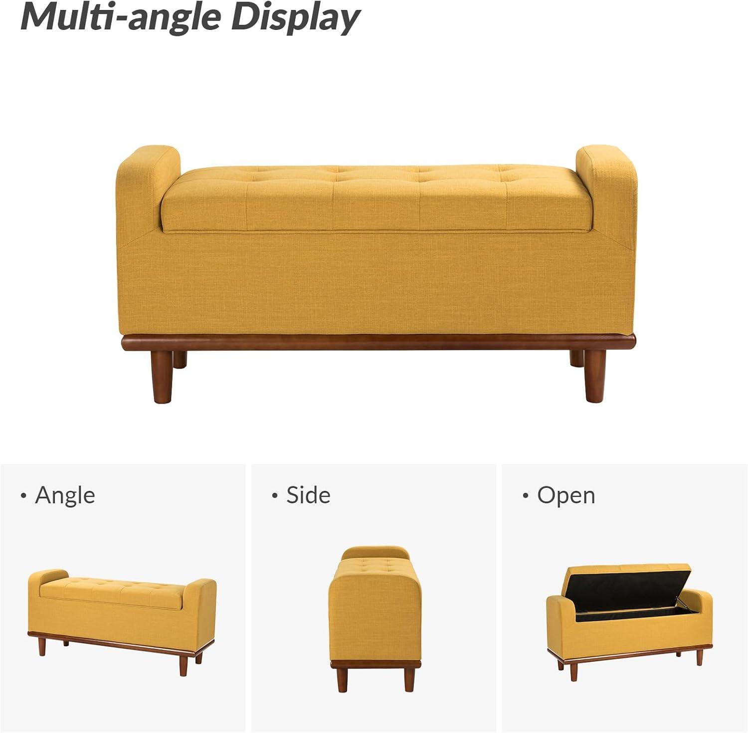 Mustard Upholstered Storage Bench with Walnut Wood Legs