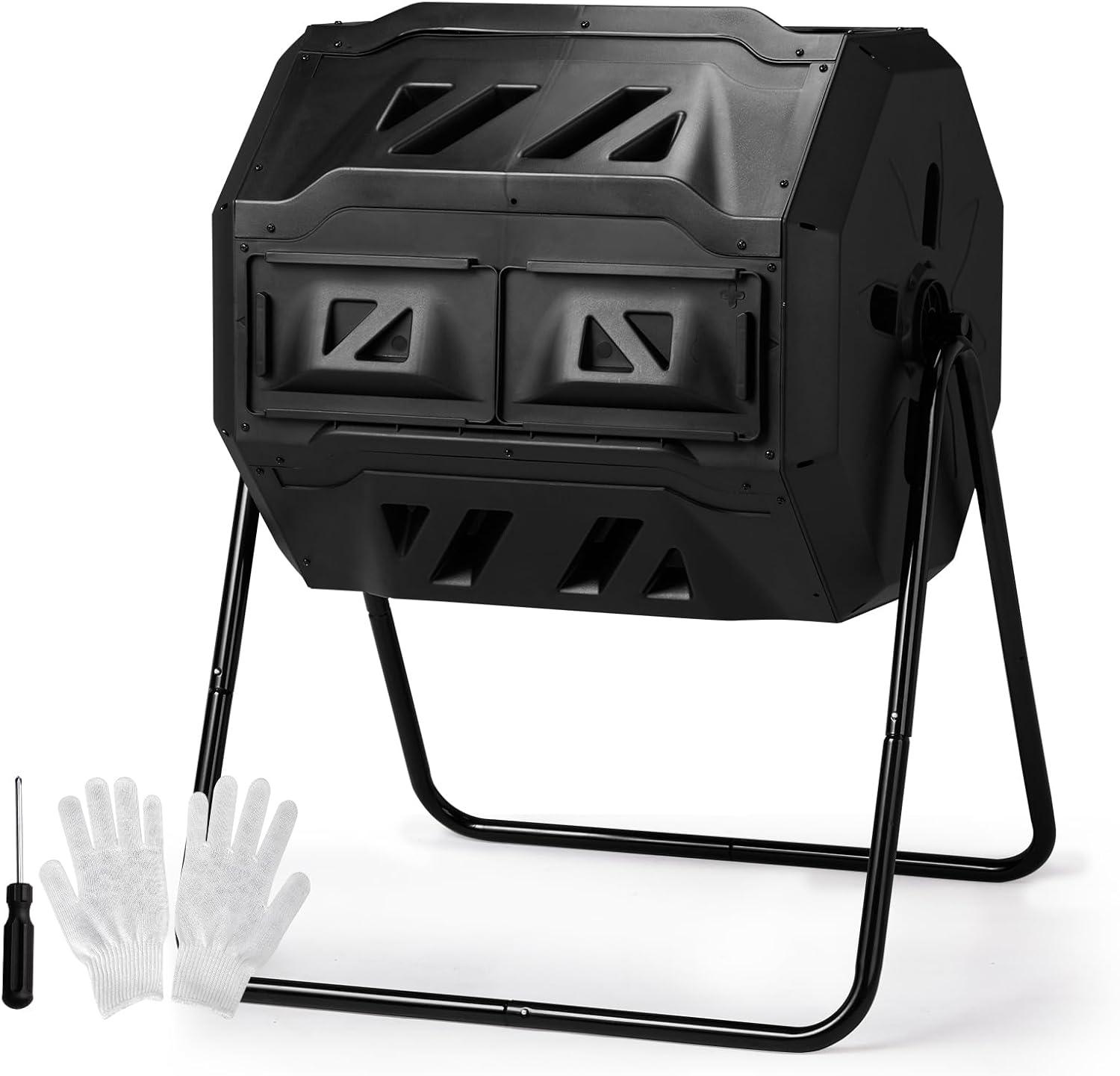 Pure Garden Compost Tumbler - 43Gal Compost Bin with Dual Chambers, 360-Degree Rotating Design, and Garden Gloves Included - Homesteading Supplies