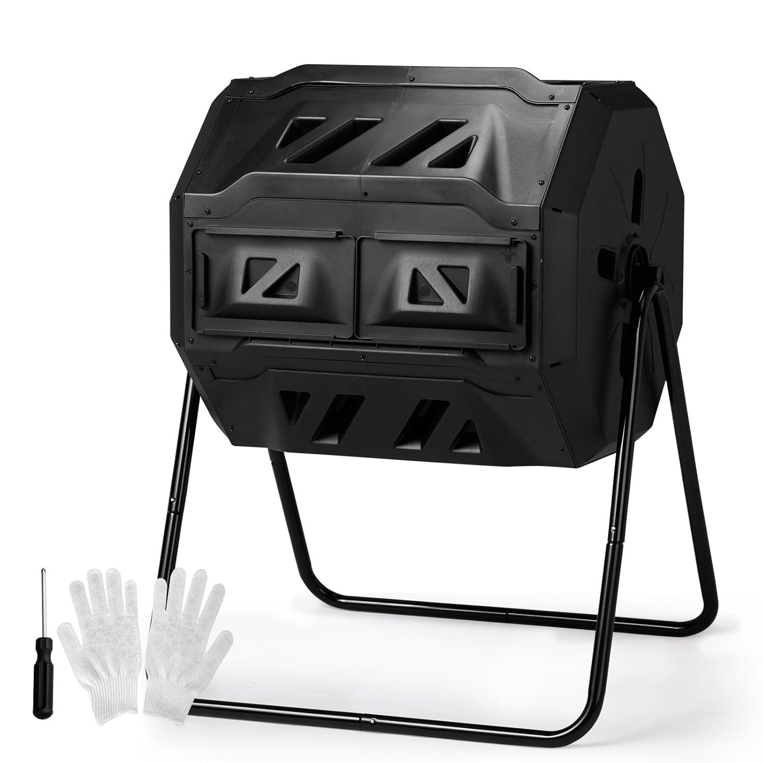 Pure Garden Compost Tumbler - 43Gal Compost Bin with Dual Chambers, 360-Degree Rotating Design, and Garden Gloves Included - Homesteading Supplies