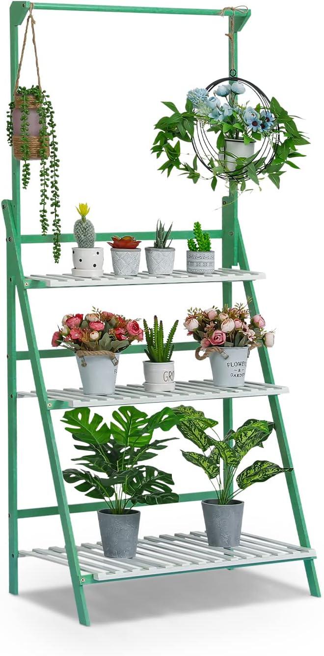 MoNiBloom Bamboo 3 Tier Plant Stand Triangular Flower Pot Holder With Hanging Basket