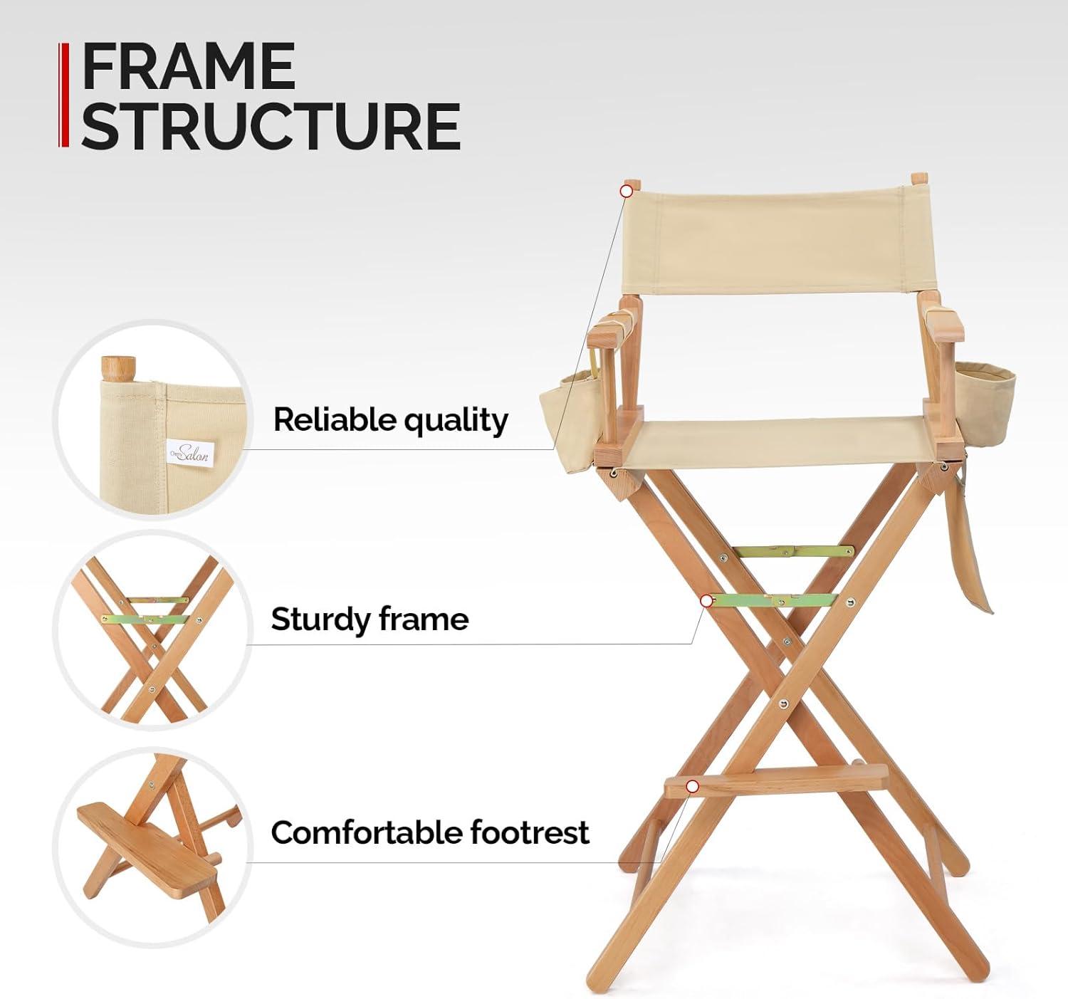 OmySalon Professional Folding Makeup Artist Chair - 31" Tall Heavy Duty Director Chair for Studio & On-The-Go Use | 250lbs Capacity, Apricot Canvas with Storage Bags, Footrest & Solid Hardwood Frame