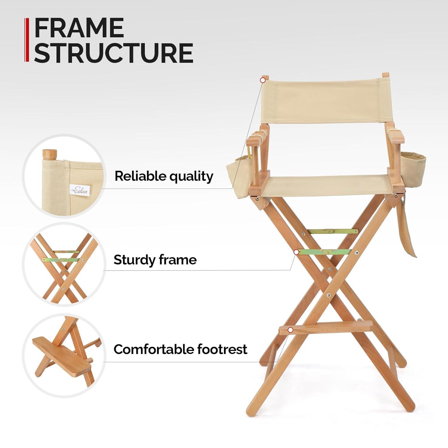OmySalon Professional Folding Makeup Artist Chair - 31" Tall Heavy Duty Director Chair for Studio & On-The-Go Use | 250lbs Capacity, Apricot Canvas with Storage Bags, Footrest & Solid Hardwood Frame