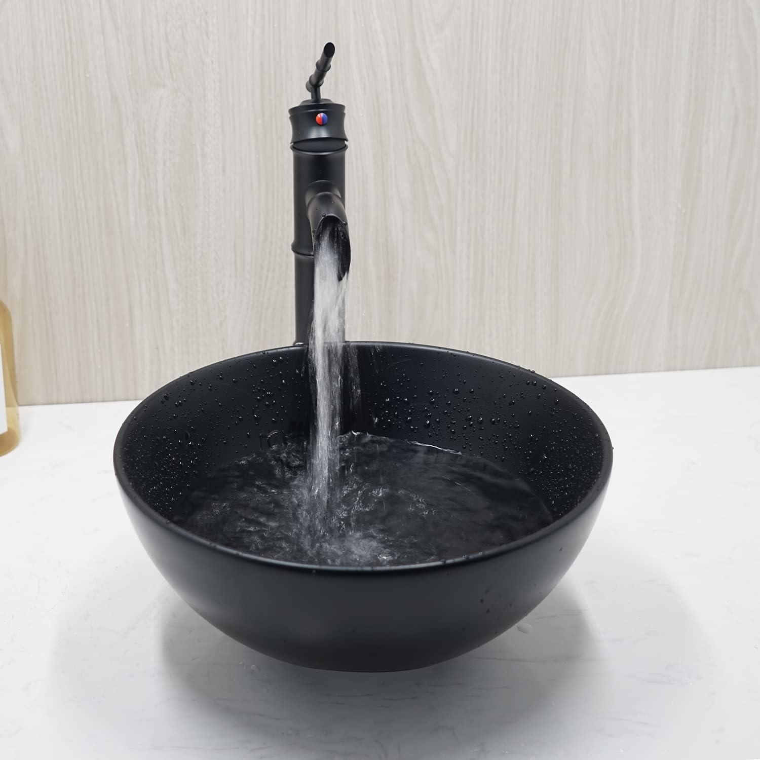 Black Round Ceramic Vessel Sink with Bamboo Faucet