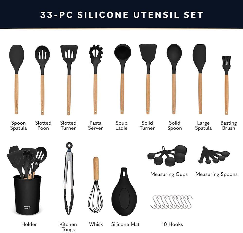 33-Piece Black Silicone and Wood Kitchen Utensil Set