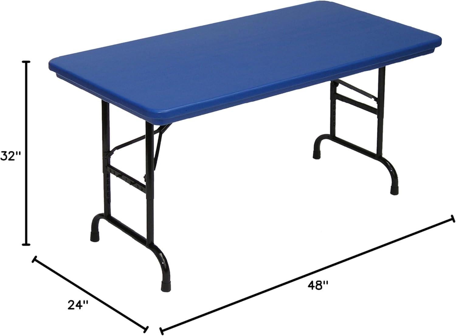 Adjustable Height Blue Plastic Top Folding Table with Black Steel Frame