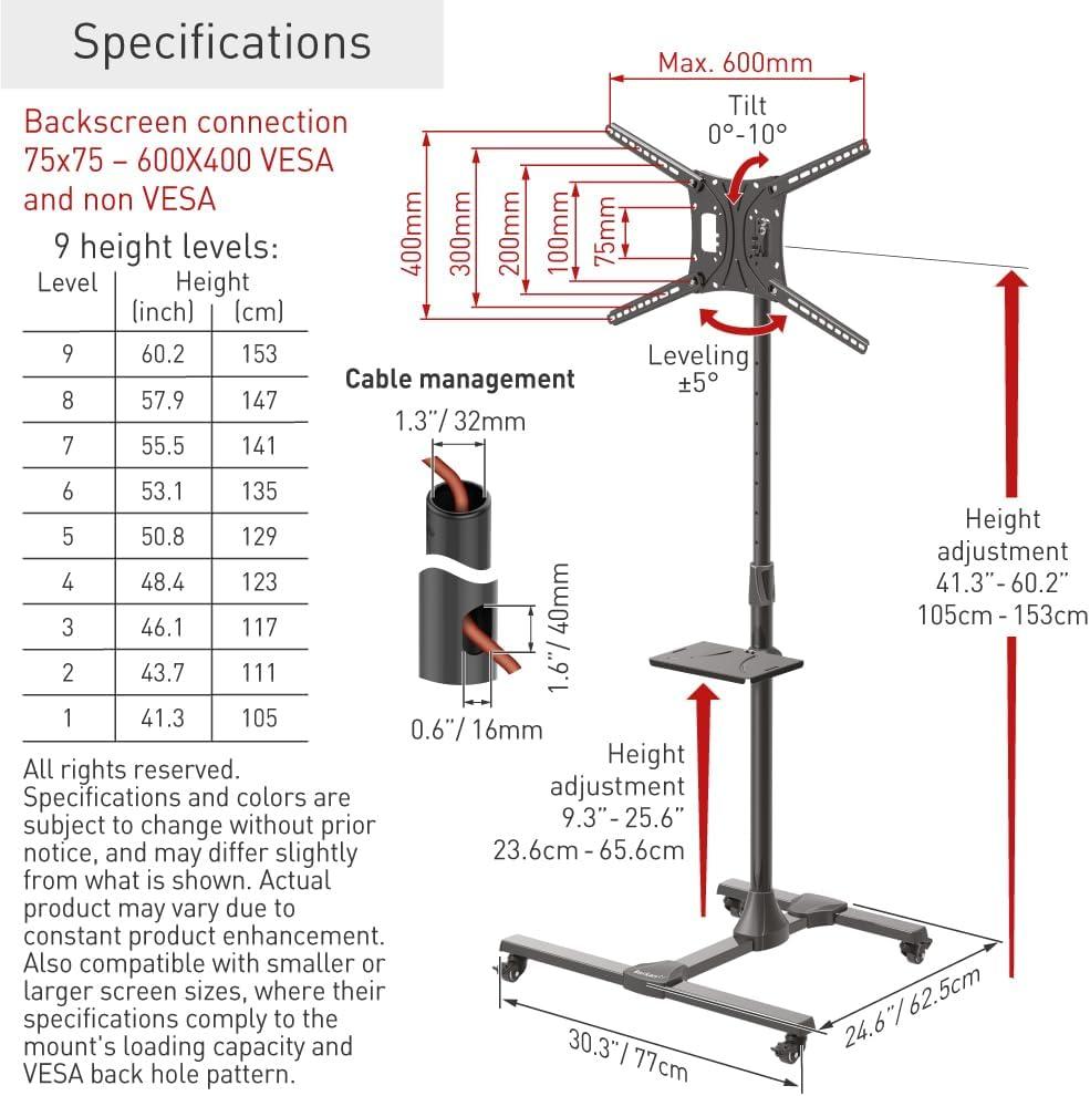 Barkan 13" - 83" Mobile TV Mount Cart with Metal Shelf, Tilt & Height Adjustment