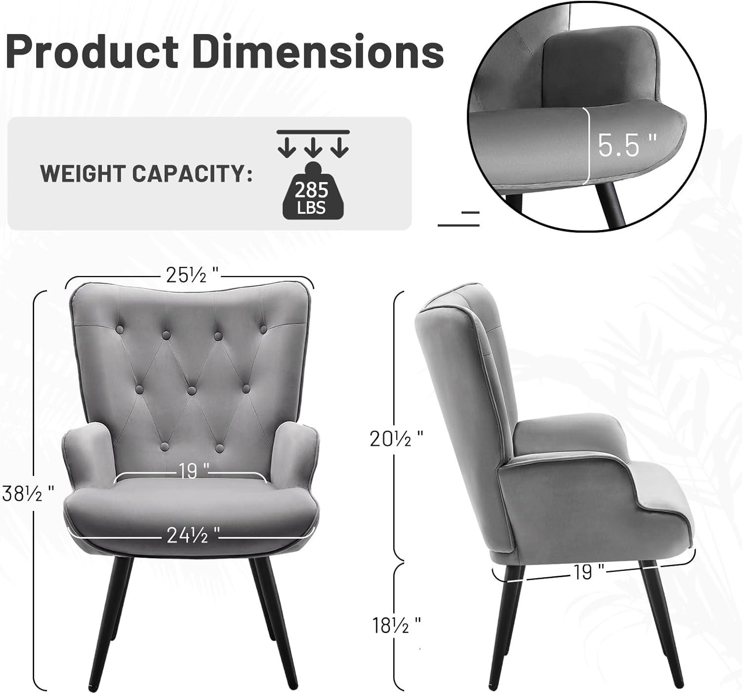 Furniliving Button-Tufted Wingback Chair Velvet Accent Chair,Grey