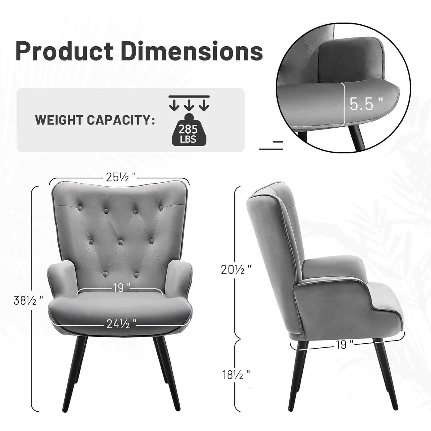 Furniliving Button-Tufted Wingback Chair Velvet Accent Chair,Grey