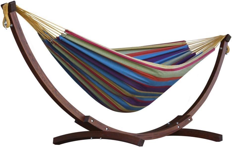 Vivere 8ft Double Cotton Hammock with Solid Pine Arc Stand - Tropical Color