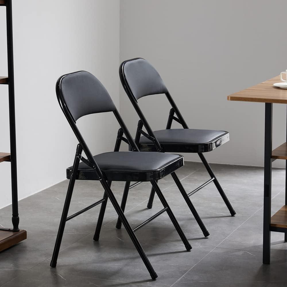 Black Steel Folding Dining Chairs with Padded Seats, Set of 4