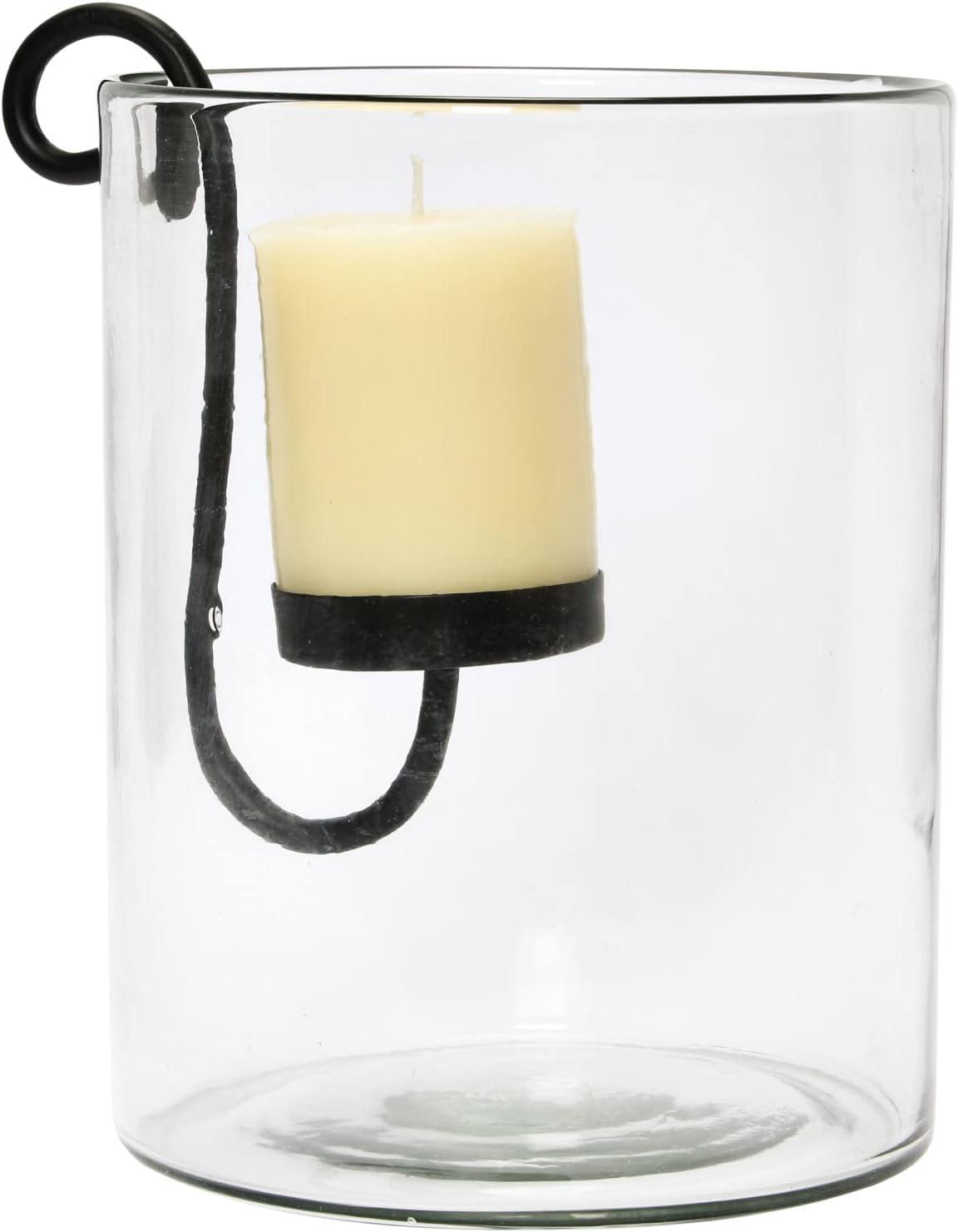 Clear Glass Hurricane with Black Metal Candle Holder, 9.5"