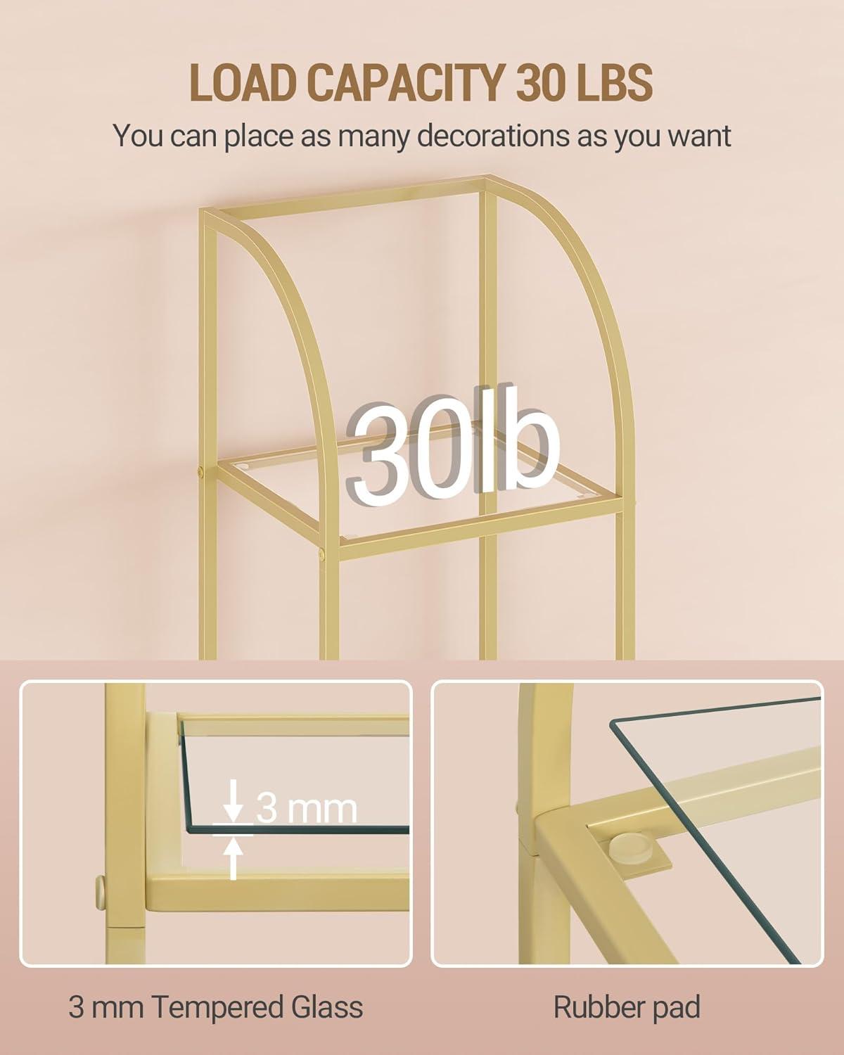 Mercer41 Bookcase Bookshelf, Tempered Glass Arched Bookshelf For More Storage, Slim Shelving Unit For Bedroom, Bathroom, Home Office, Steel Frame, 6 Tier Gold