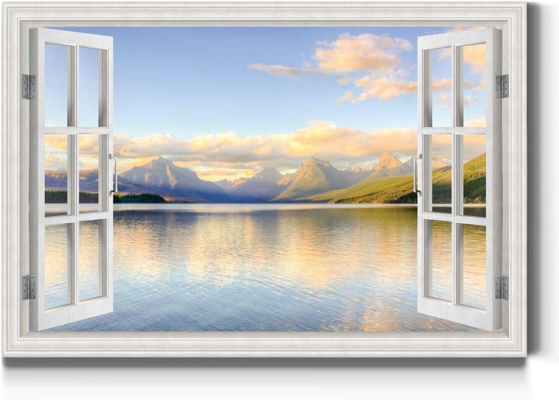 Mountain Lake Landscape Canvas Wall Art in White Frame