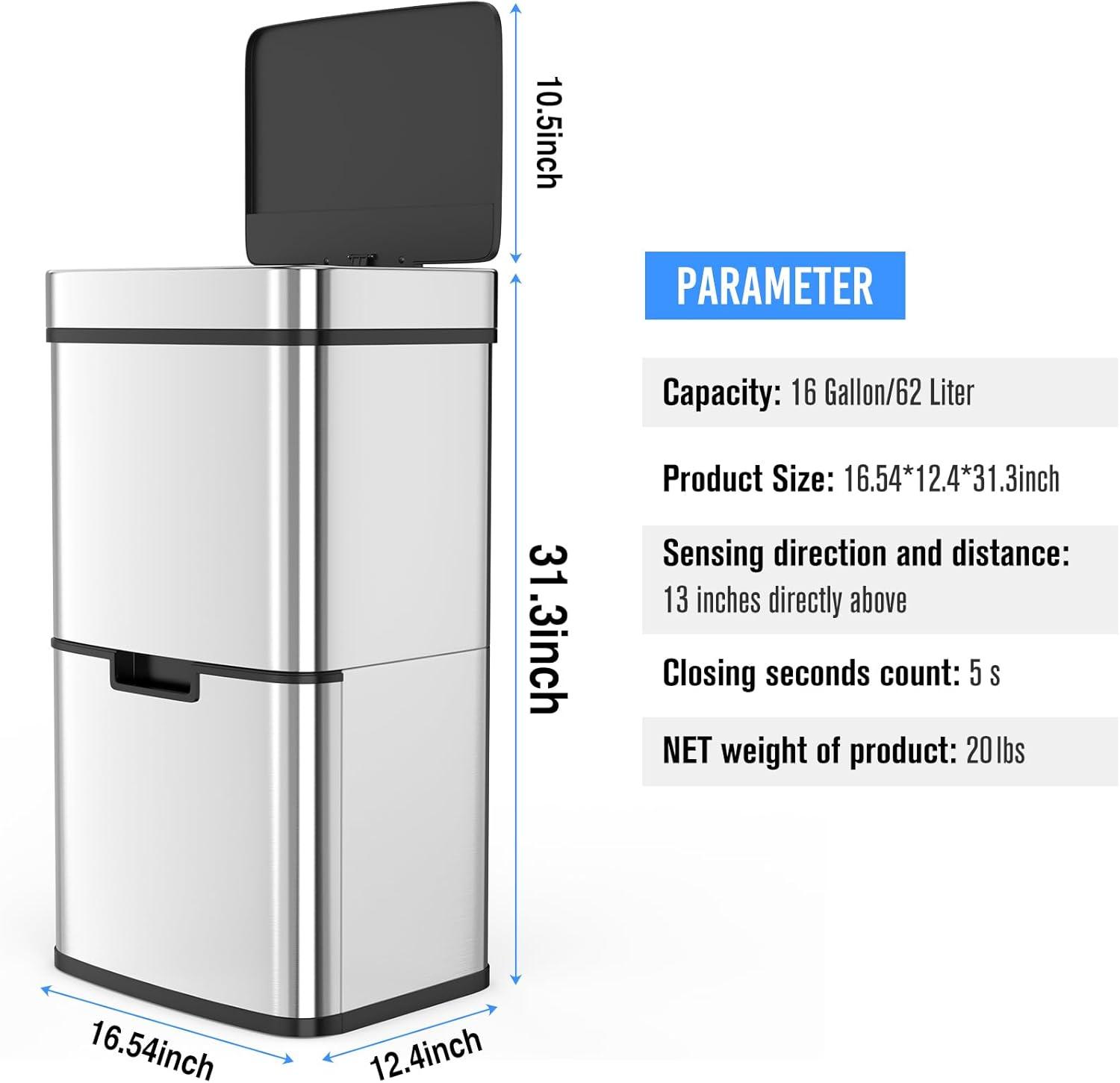 Silver 16 Gallon Stainless Steel Touchless Dual Compartment Trash Can