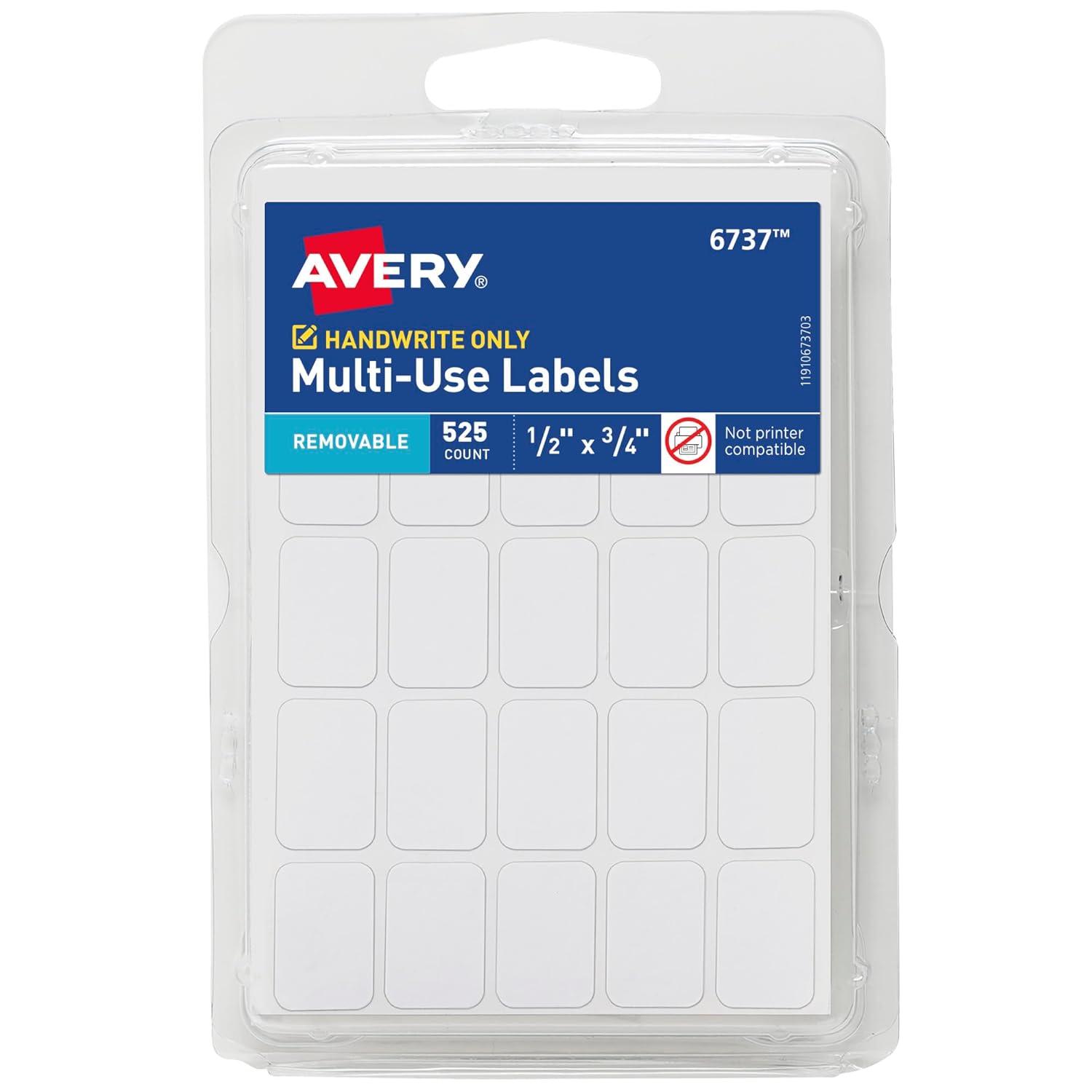Avery Multiuse Removable Labels, 1/2" x 3/4" Rectangle Labels, White, Non-Printable, 525 Total (6737)
