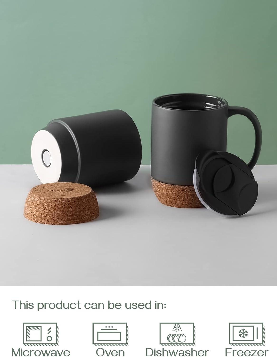 Matte Black Ceramic Coffee Mugs with Cork Bottom and Lid, Set of 2