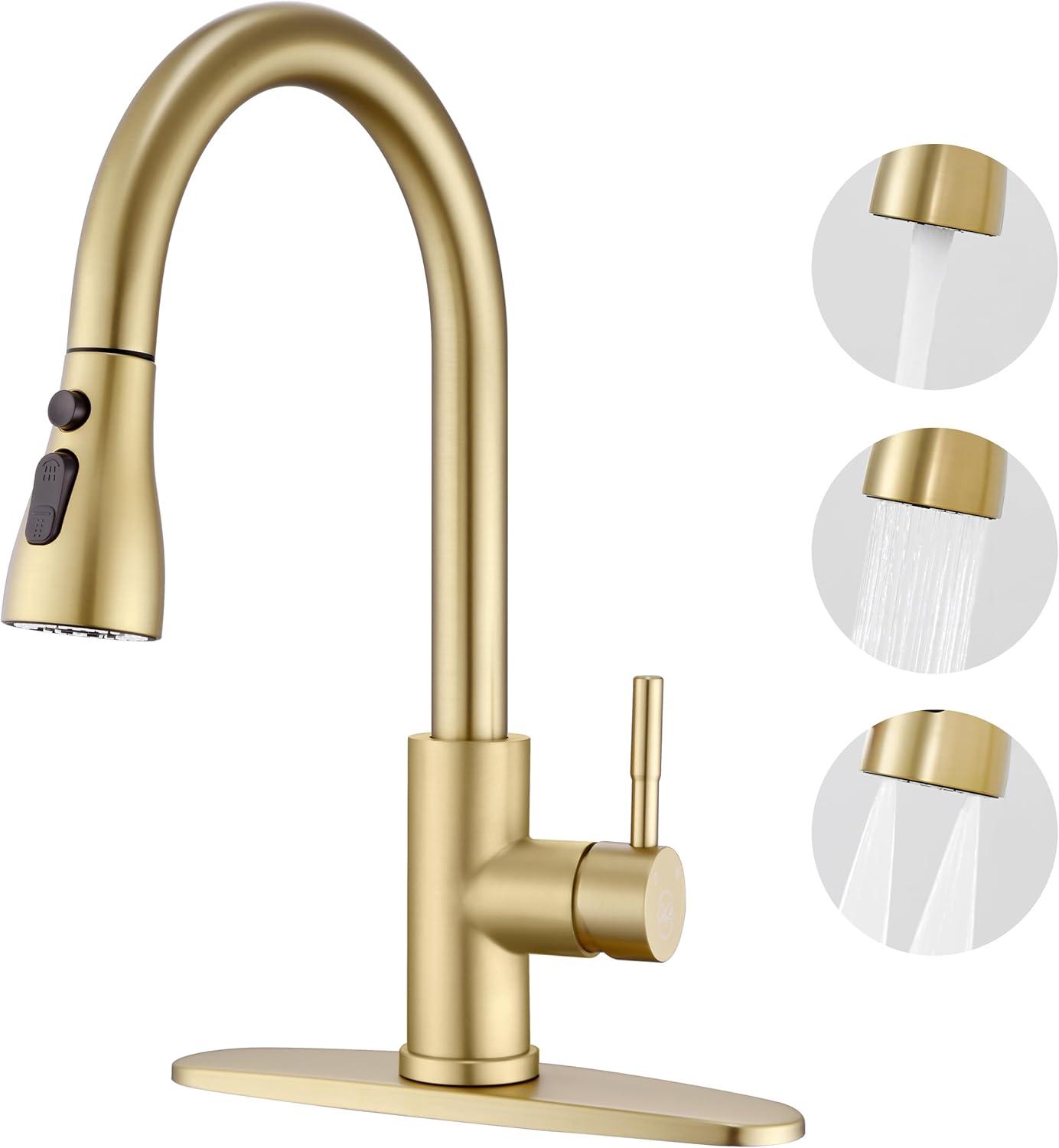 Brushed Gold Stainless Steel High Arc Kitchen Faucet with Pull-out Spray