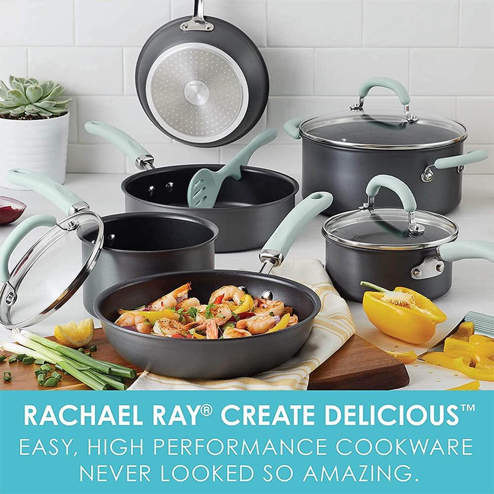 Rachael Ray Create Delicious 11pc Hard Anodized Nonstick Cookware Set Light Blue Handles