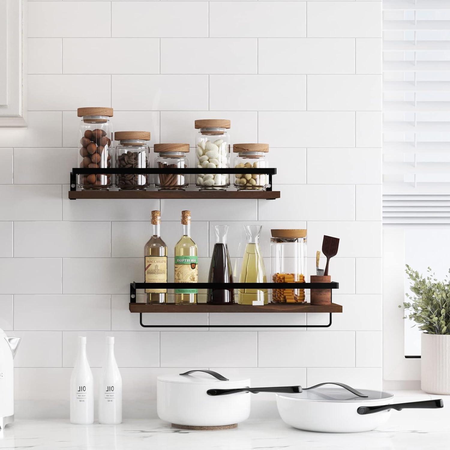 Brown Wood Floating Wall Shelves with Towel Rack