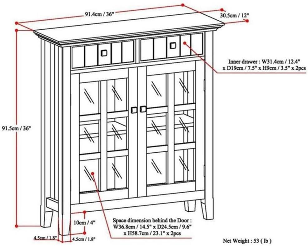Simpli Home Acadian 36"W Solid Wood 2-Shelf Entryway Storage Cabinet with Glass Doors and 2 Drawers