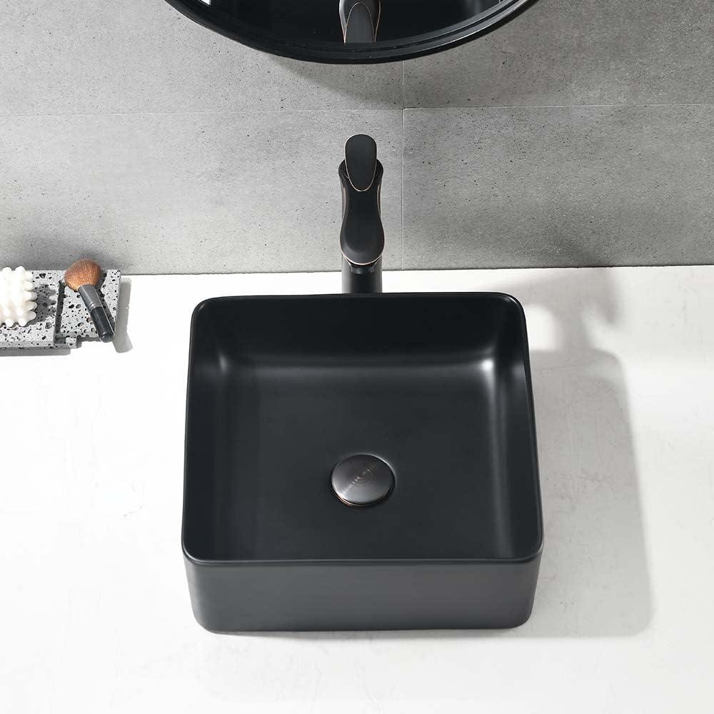 Matte Black Square Ceramic Above-Counter Vessel Sink with Pop-Up Drain