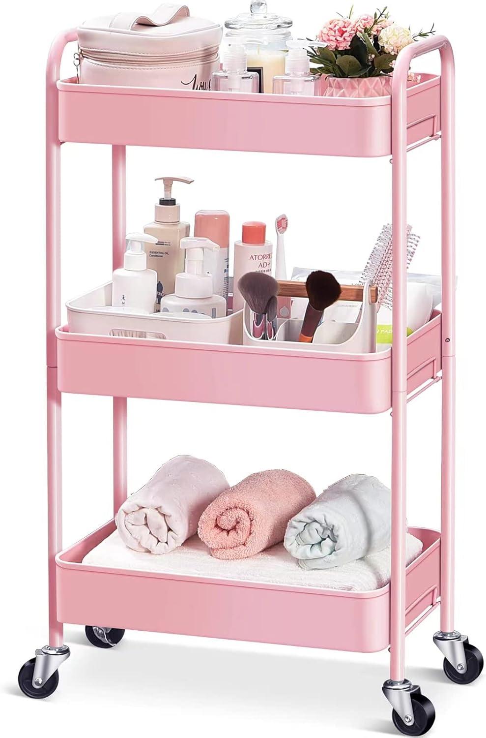 Pink 3-Tier Rolling Utility Cart with Alloy Steel Frame