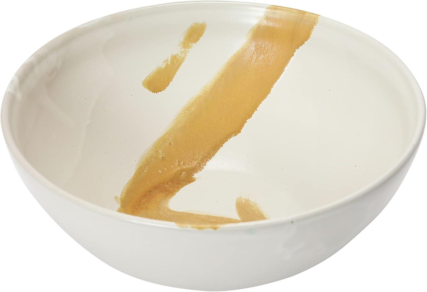 Cream and Brown Stoneware Serving Bowl with Reactive Glaze