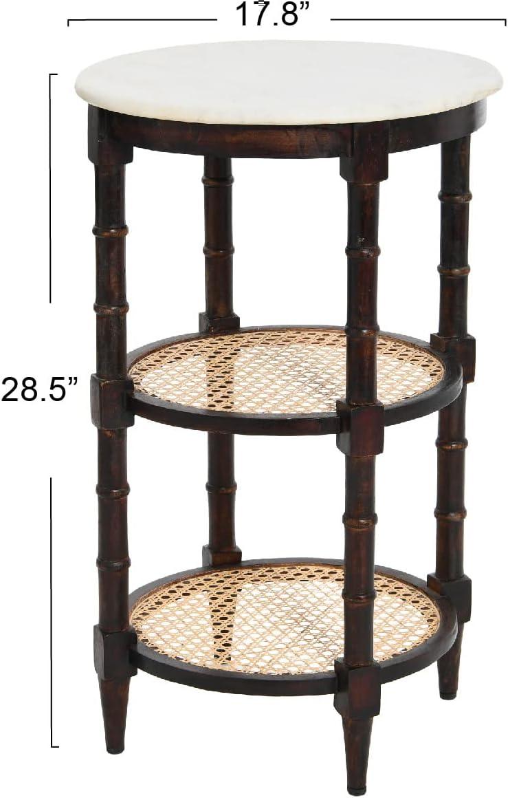 Boho Chic Round Wood & Marble End Table with Woven Cane Shelves