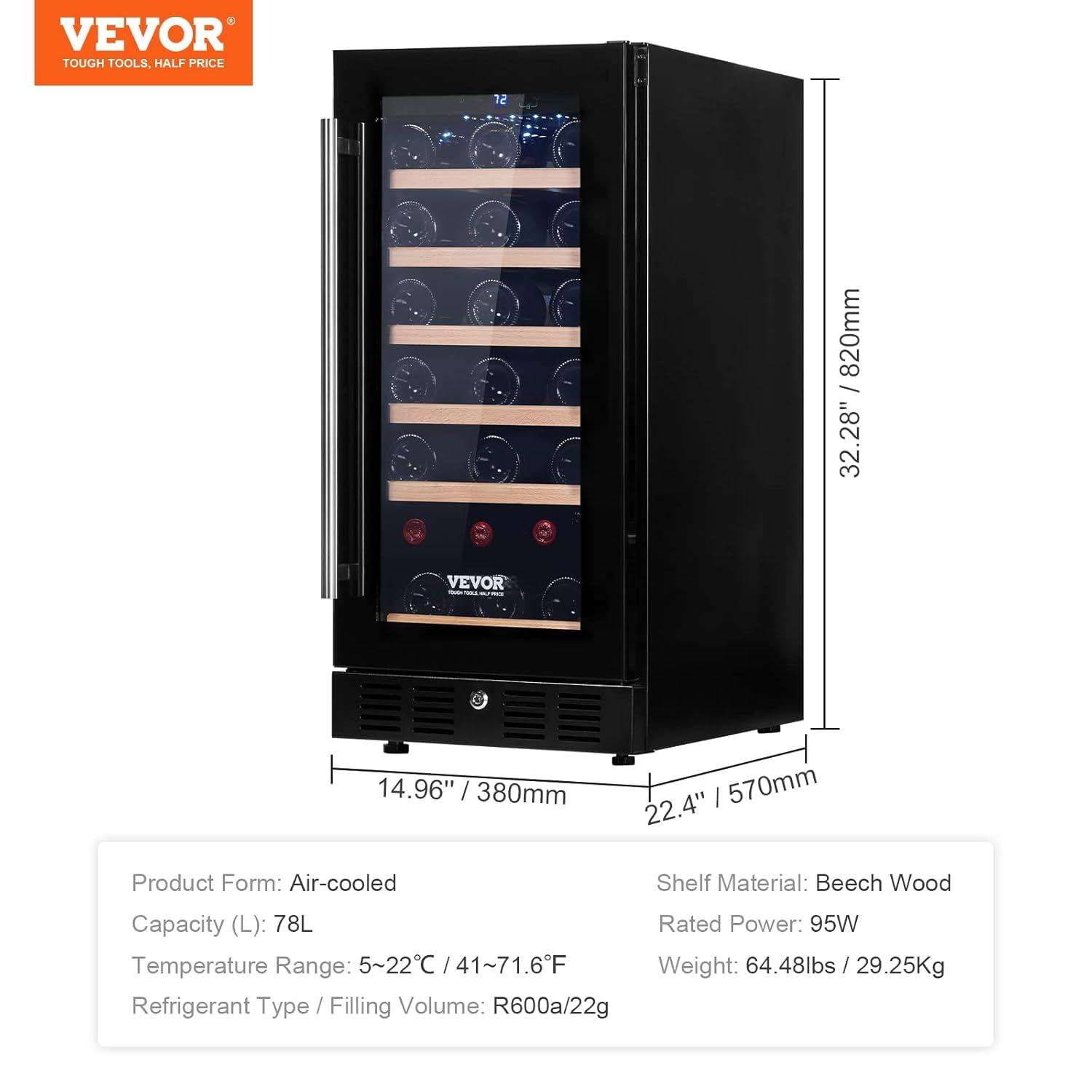 VEVOR Wine Cooler, 30 Bottles Capacity Under Counter Built-in or Freestanding Wine Refrigerator, Beverage Cooler with Blue LED Light, Single Door, Child Lock for Drink Beer Soda Wine Water, ETL Listed