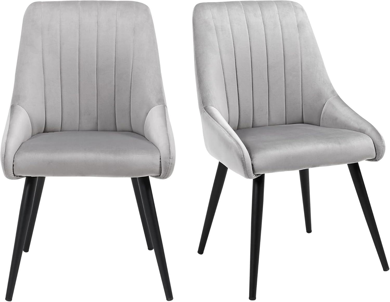 Set of 2 Gray Velvet Upholstered Dining Chairs with Metal Legs