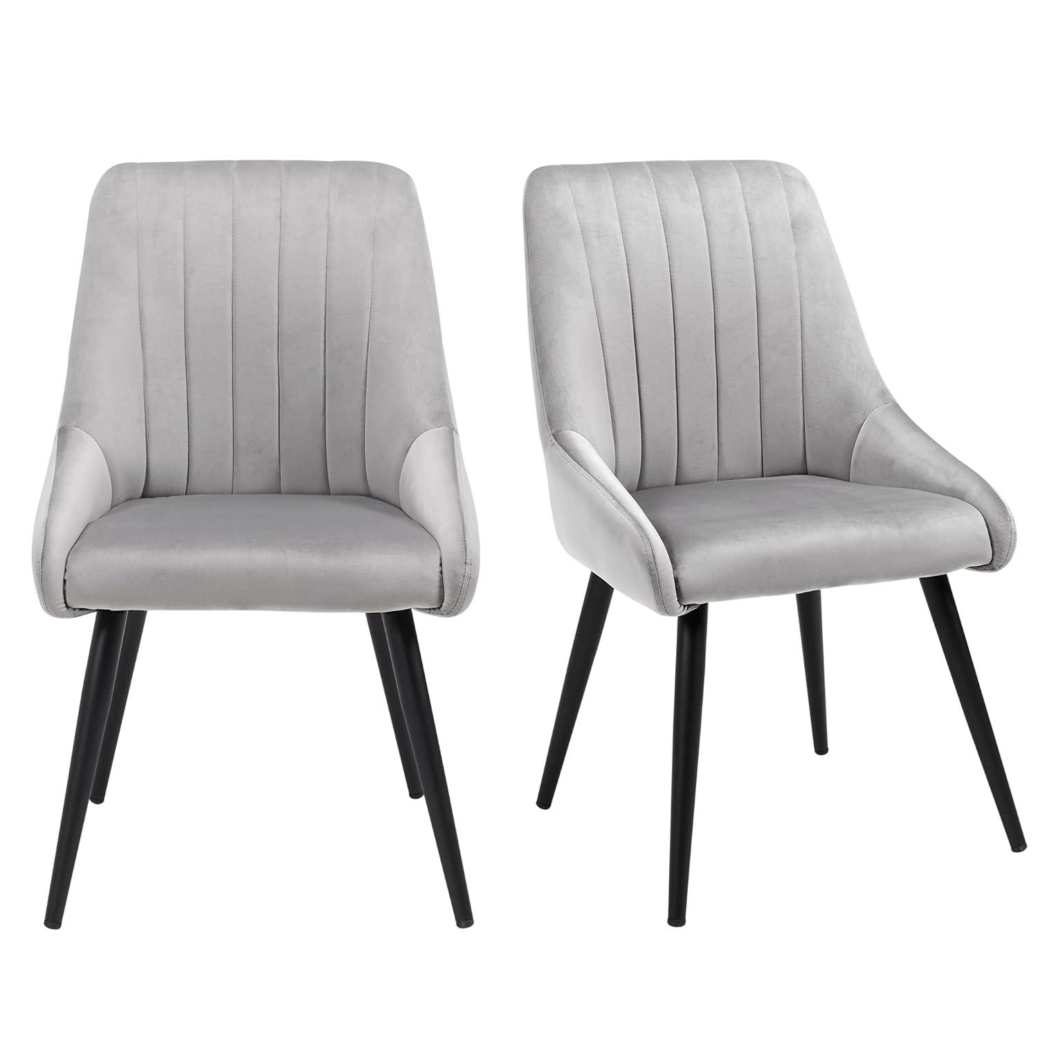 Set of 2 Gray Velvet Upholstered Dining Chairs with Metal Legs