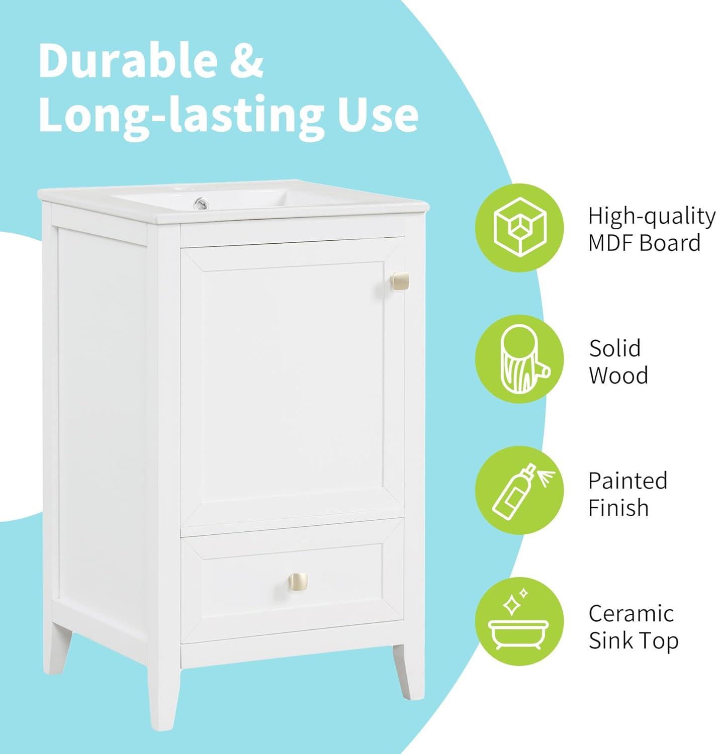 Harper & Bright Designs 20" Bathroom Vanity, Small Single Vanity with Drawer & Soft Closing Doors, Solid Wood Bathroom Cabinet with Storage Rack, Ceramic Sink, White
