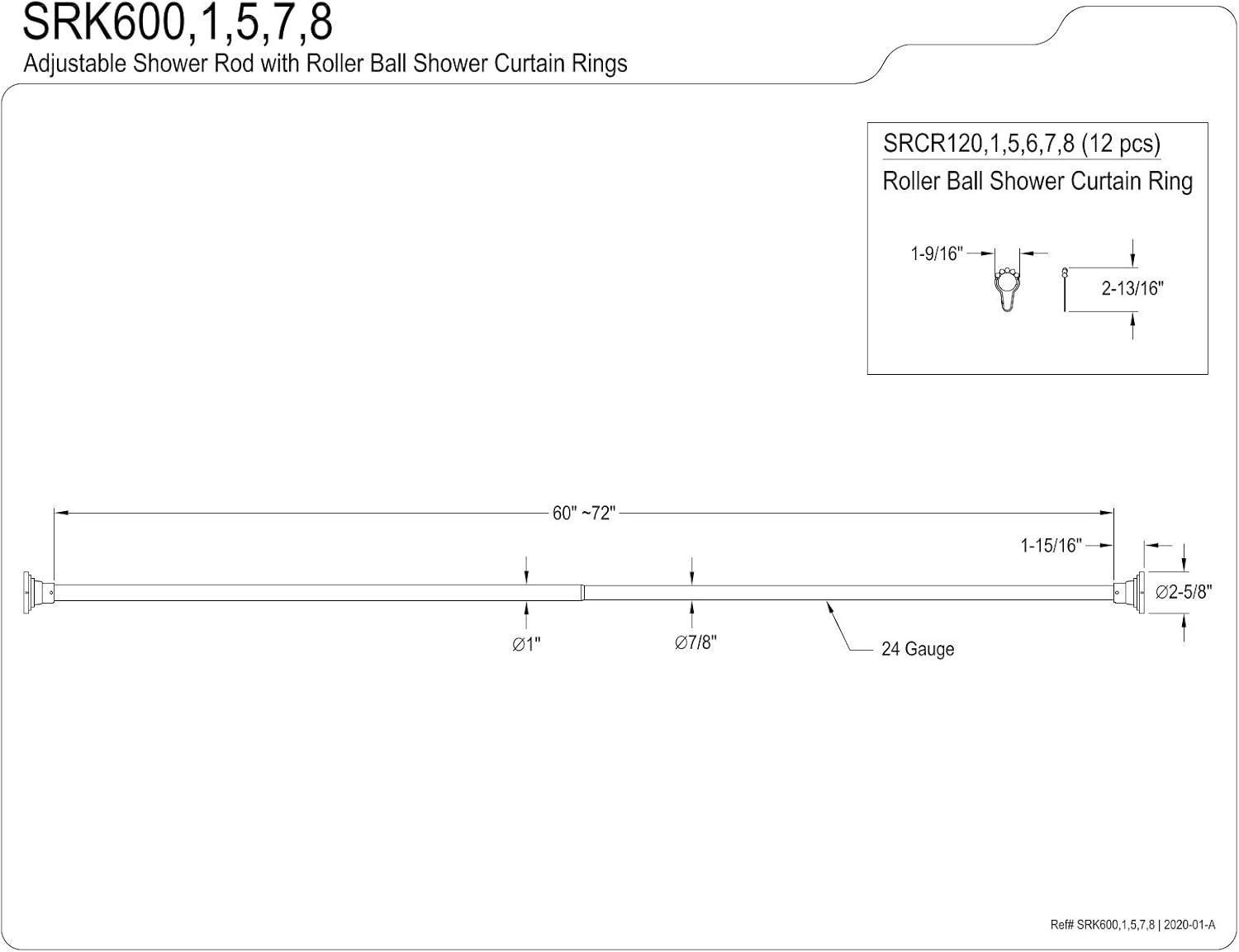 Polished Chrome Adjustable Tension Shower Curtain Rod with Rings