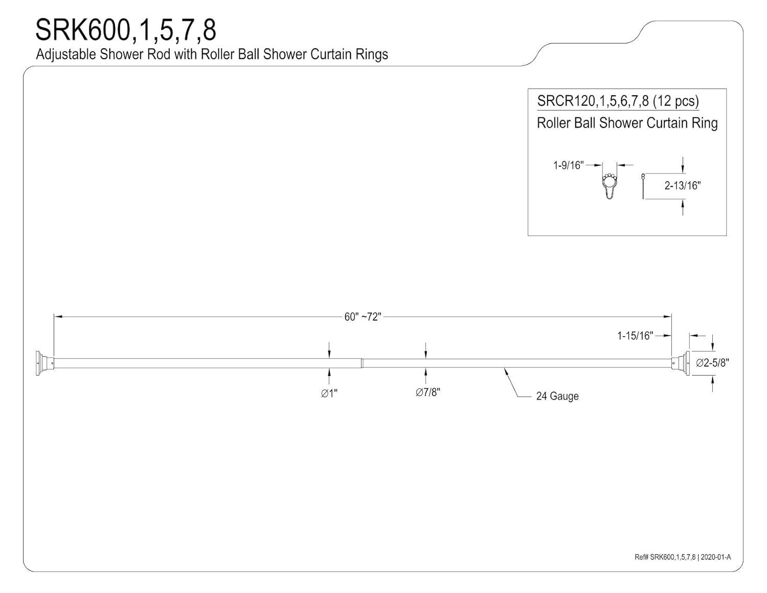 Kingston Brass Edenscape 60-Inch to 72-Inch Adjustable Shower Curtain Rod with Rings Combo