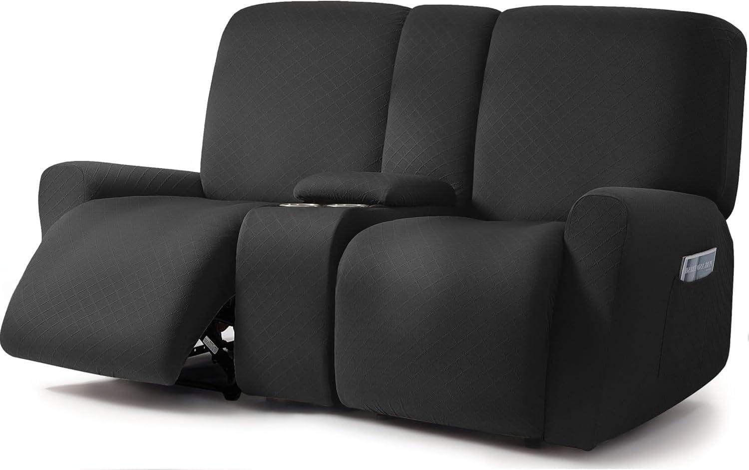 Black Jacquard Stretch Reclining Loveseat with Console