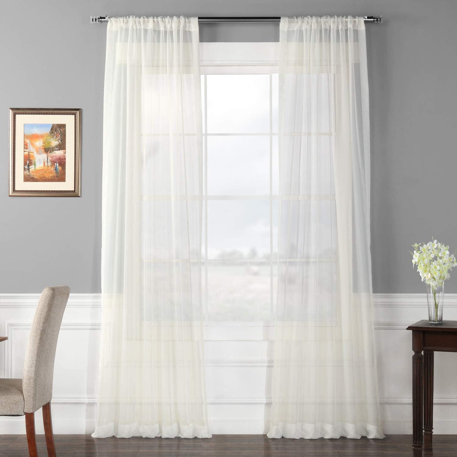 Off White Sheer Cotton Polyester 50x120 Inch Curtain Pair