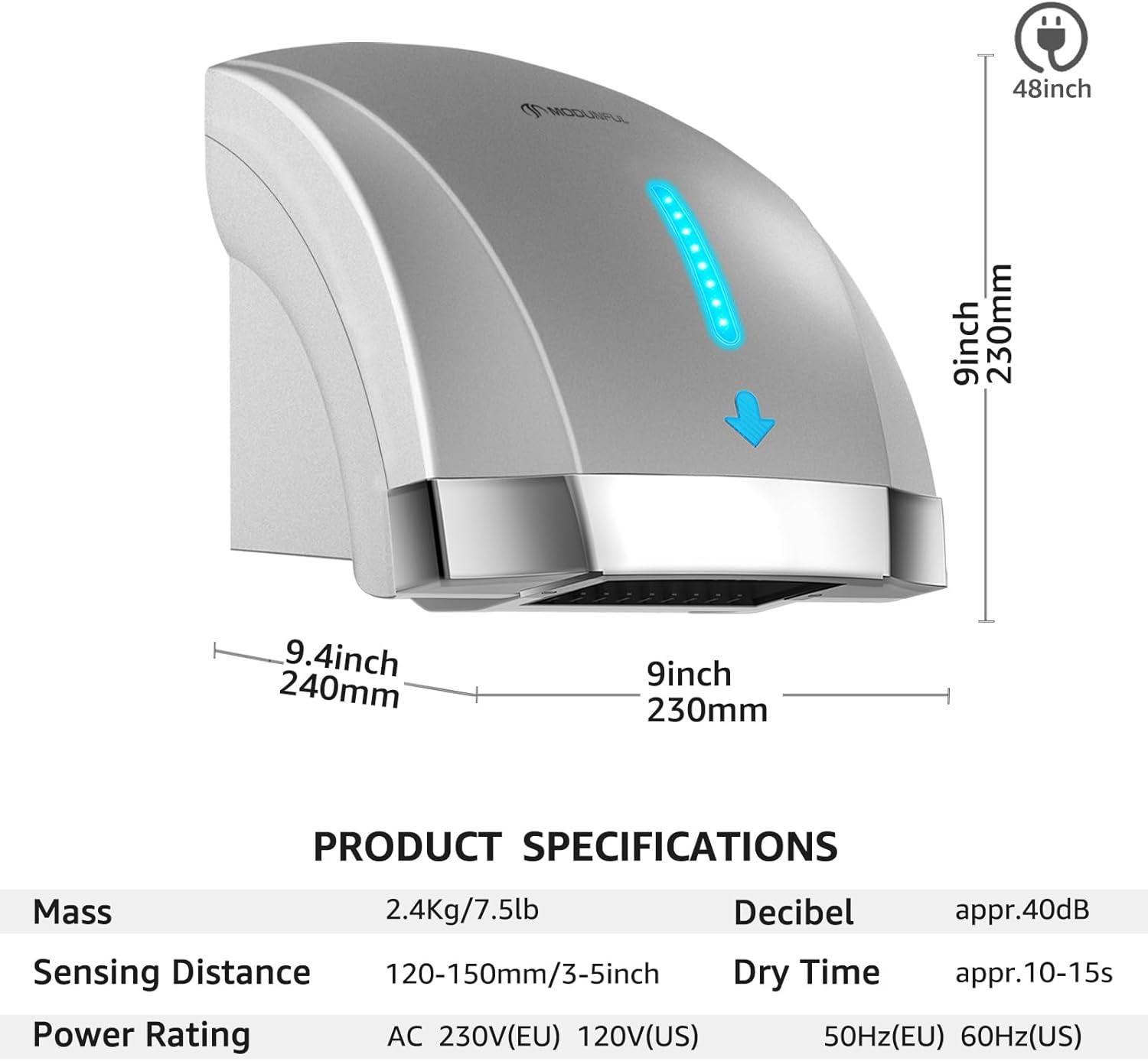 NATIONAL WINDOW Hand Dryers For Bathrooms Commercial, Electric Hand Dryer Touchless, Extra Quiet Low Noise(40Db), Wall Mounted Type(1600W)