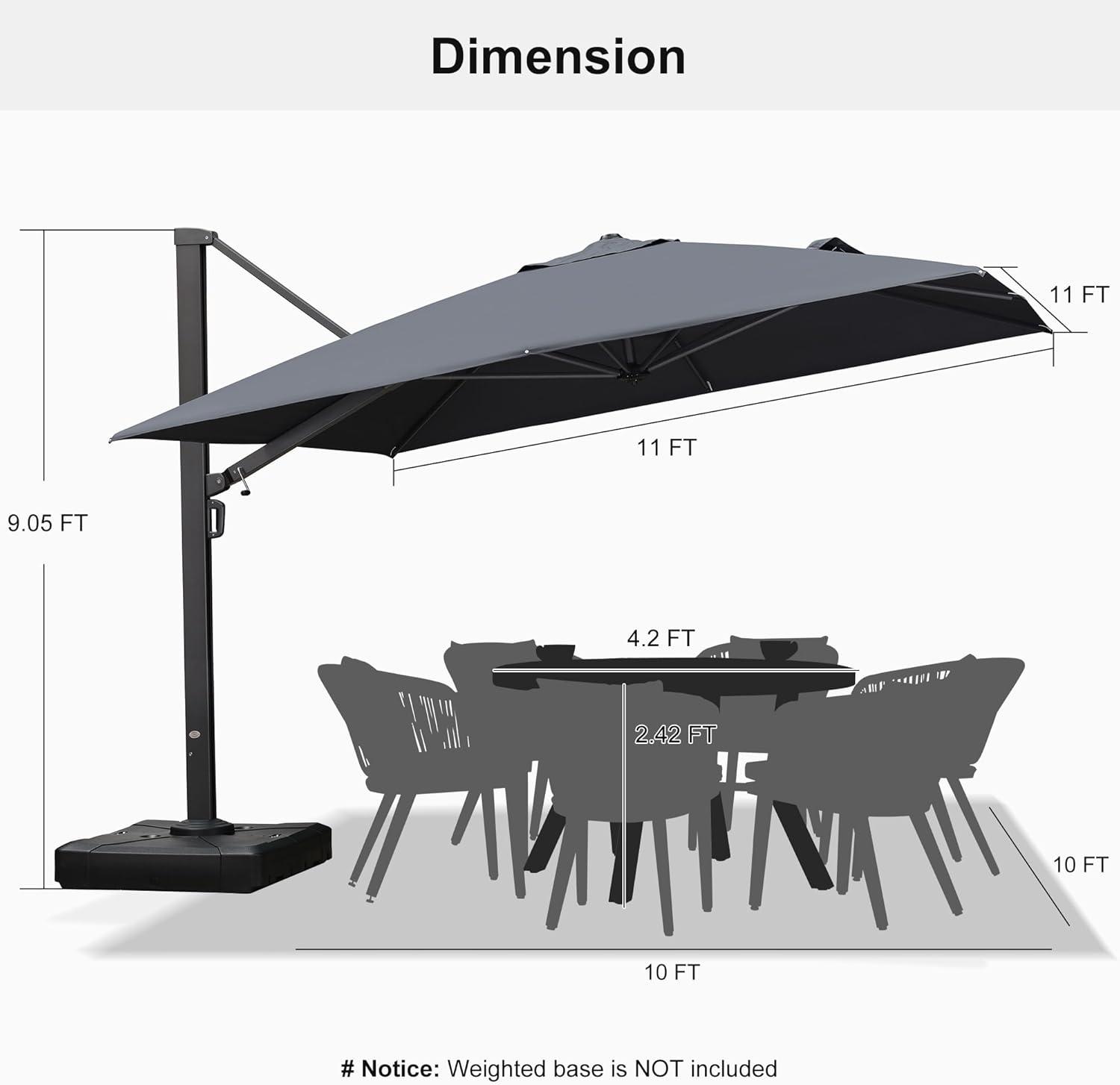 PURPLE LEAF 11 FT Square Patio Umbrella Large Cantilever Outdoor Aluminum Offset Umbrella with 360-degree Rotation for Garden Deck Backyard Pool, Grey