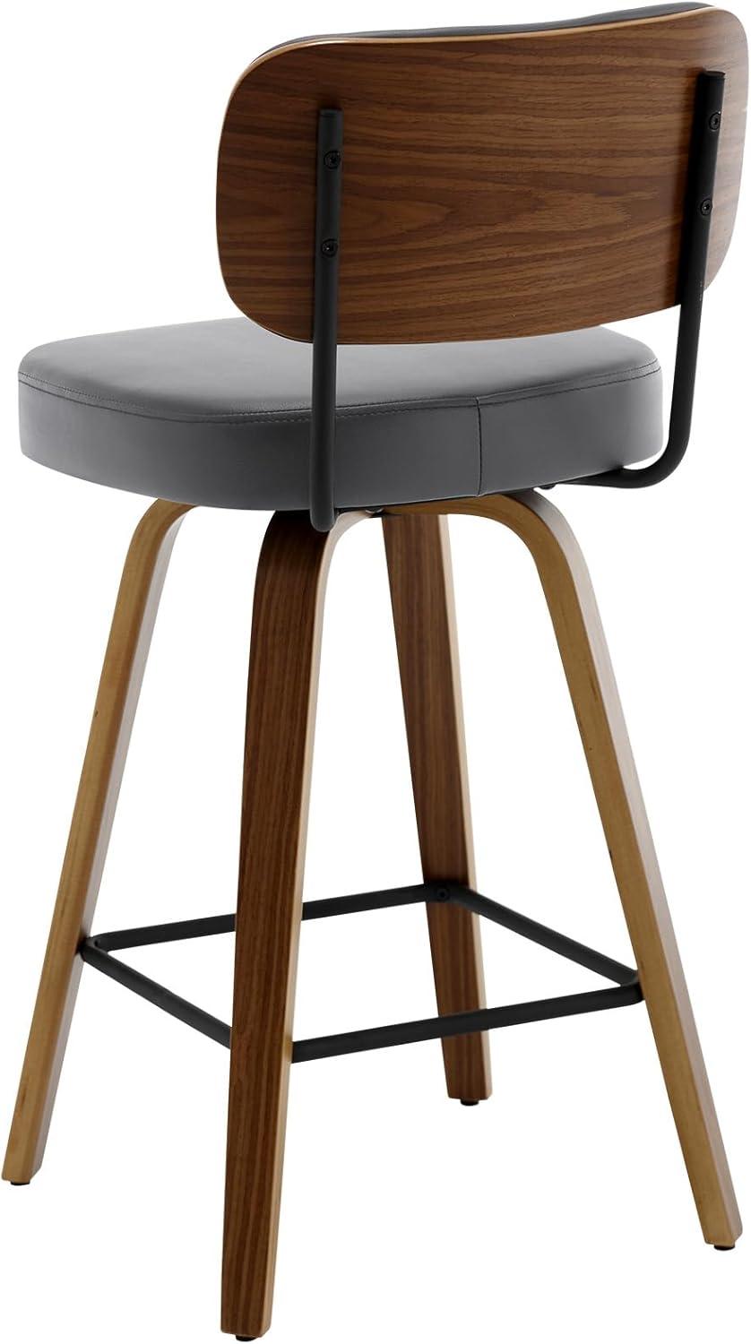 Grey Faux Leather Swivel Bar Stools with Wood Back