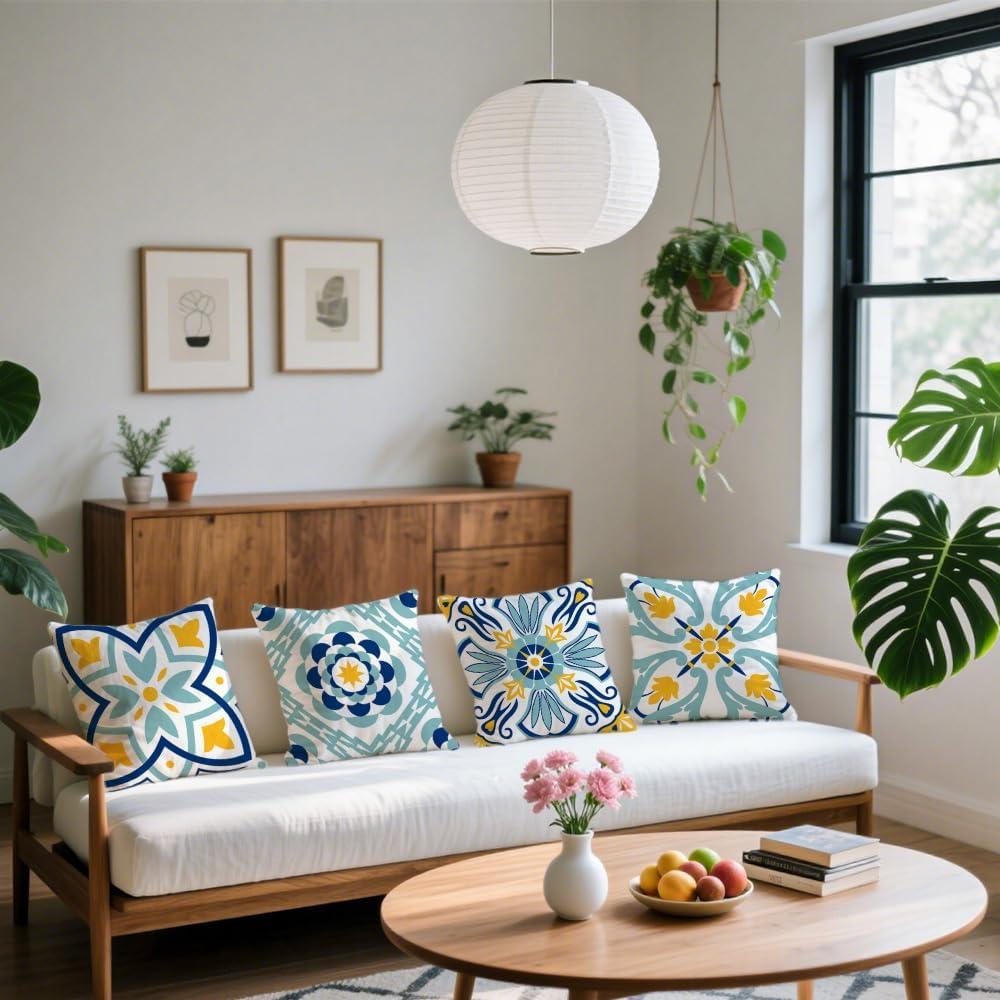 Outdoor Pillows, Outdoor Pillow Covers 18x18 Set of 4 Waterproof Decorative Throw Pillow Covers Boho Decorations for Patio, Garden, Balcony