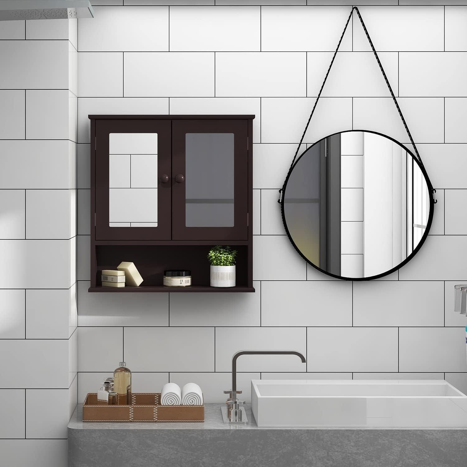 Brown MDF Wall-Mounted Medicine Cabinet with Mirror and Shelves