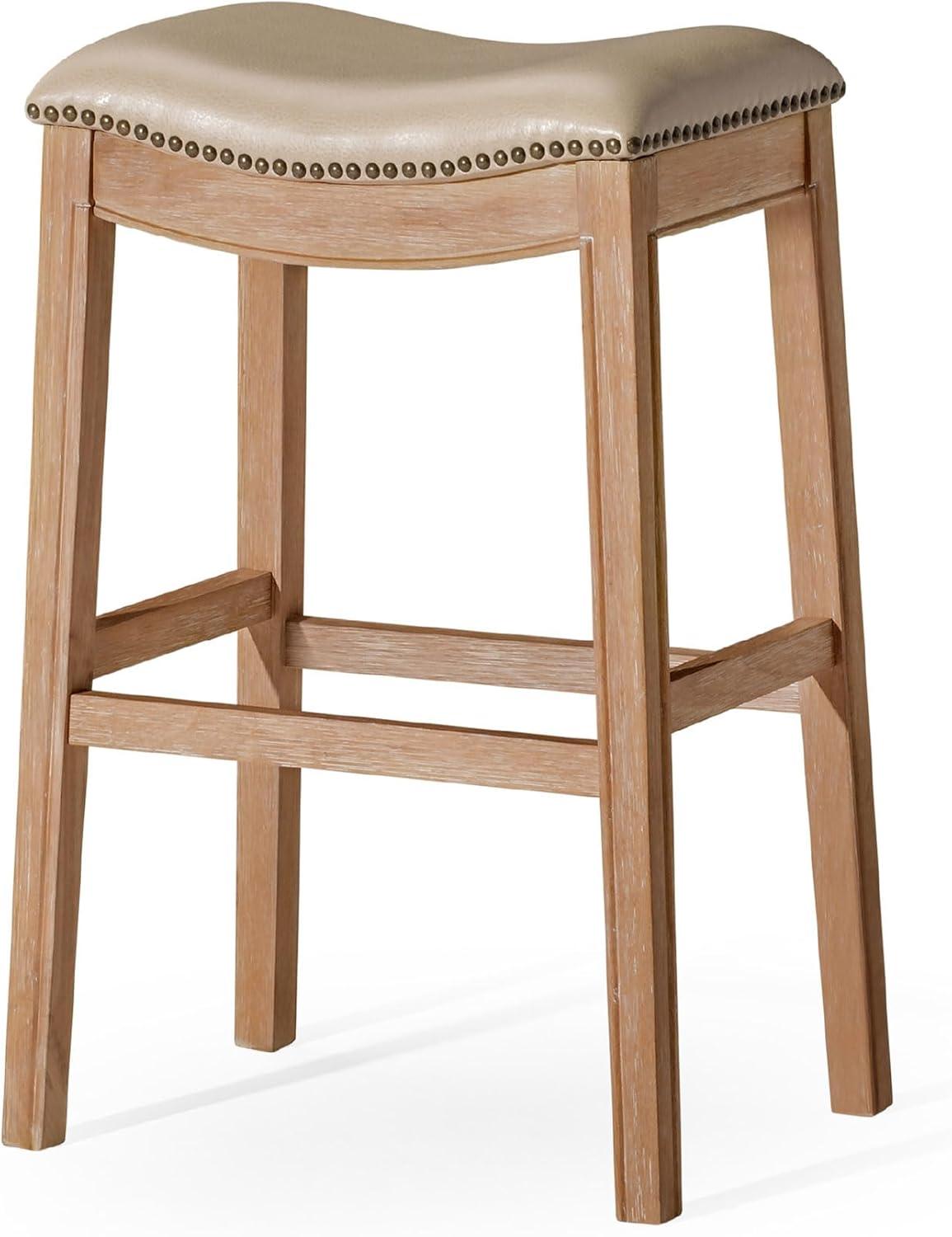 Maven Lane Adrien Saddle Counter Stool in Wood Finish w/ Wheat Fabric Upholstery